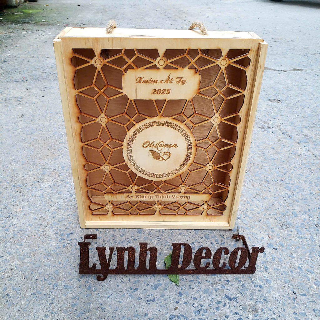 Hộp Gỗ Nắp Trượt Hoa Mai Tết, Free Logo Câu Chúc (UV, Laser) - LynhDecor