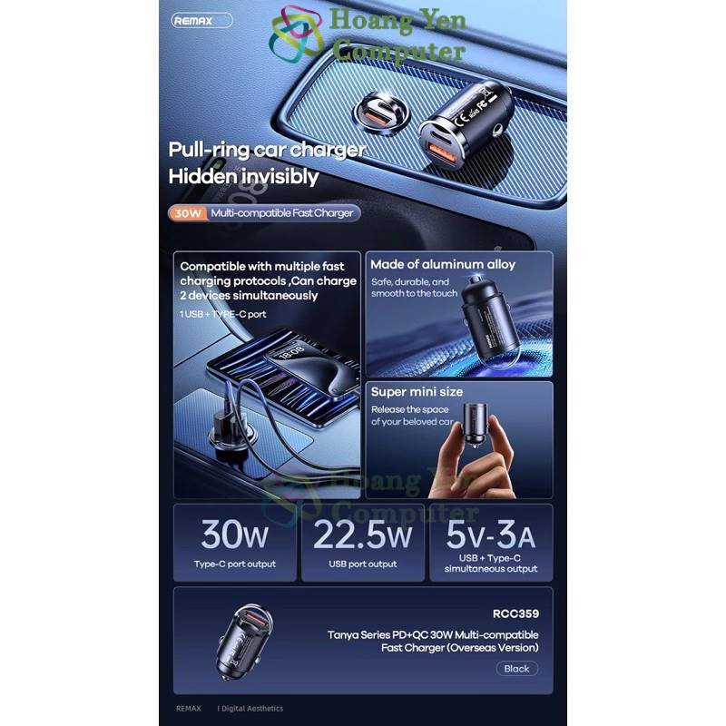 Cốc Sạc Nhanh Xe Hơi Remax RCC359 (2 Cổng Sạc - USB và Type C) | Tẩu sạc ô tô mini - Hoangyencomputer