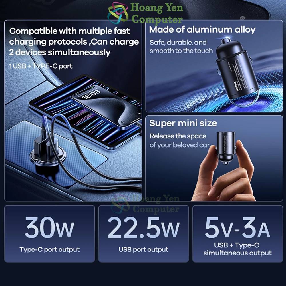 Cốc Sạc Nhanh Xe Hơi Remax RCC359 (2 Cổng Sạc - USB và Type C) | Tẩu sạc ô tô mini - Hoangyencomputer