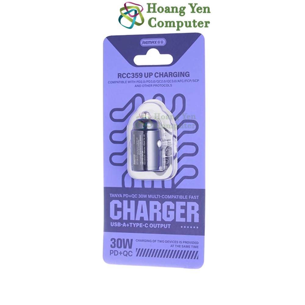 Cốc Sạc Nhanh Xe Hơi Remax RCC359 (2 Cổng Sạc - USB và Type C) | Tẩu sạc ô tô mini - Hoangyencomputer
