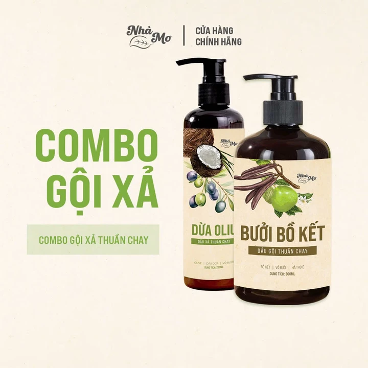 Cặp gội xả, dầu gội Bưởi Bồ Kết - Dầu xả thiên nhiên dừa oliu thuần chay kích mọc tóc Nhà Mơ
