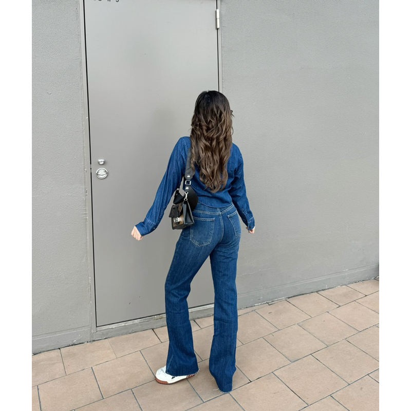 MIDDUA - JN154 Quần suông loe nữ denim, lai xéo
