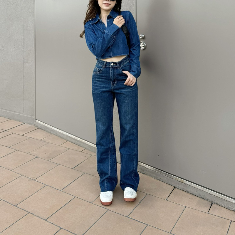 MIDDUA - JN154 Quần suông loe nữ denim, lai xéo