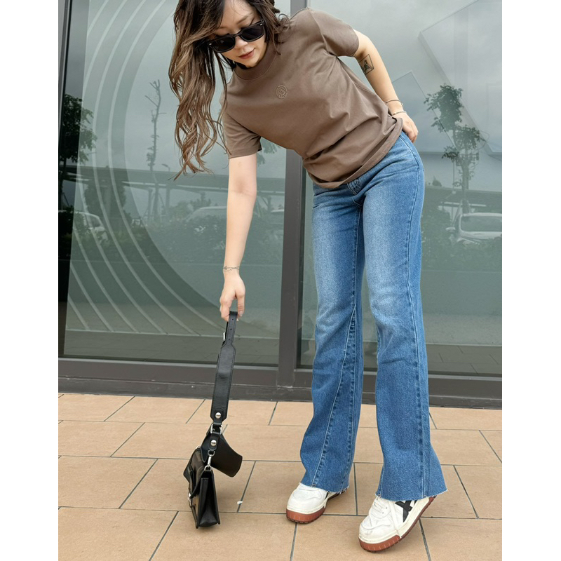 MIDDUA - JN154 Quần suông loe nữ denim, lai xéo