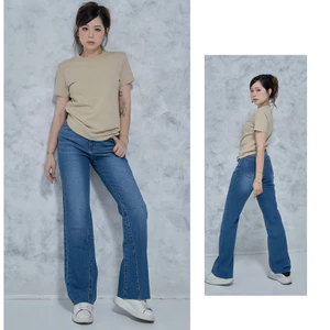 MIDDUA - JN154 Quần suông loe nữ denim, lai xéo