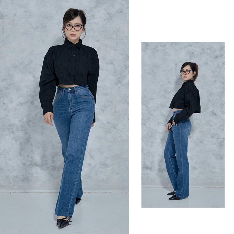 MIDDUA - JN154 Quần suông loe nữ denim, lai xéo