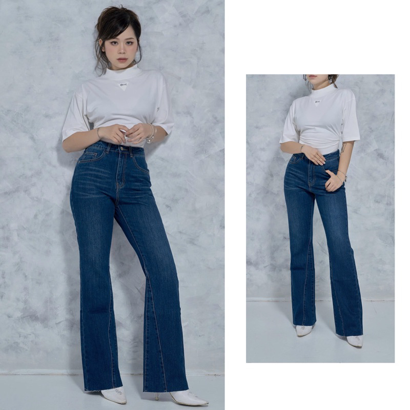MIDDUA - JN154 Quần suông loe nữ denim, lai xéo