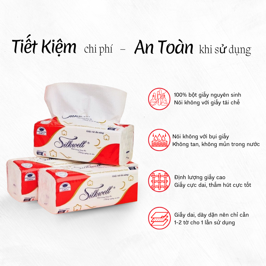 Thùng 9 gói Giấy lau đa năng Silkwell 100 tờ 2 lớp siêu dai, không mủn giấy, giấy ăn cao cấp đa chức năng
