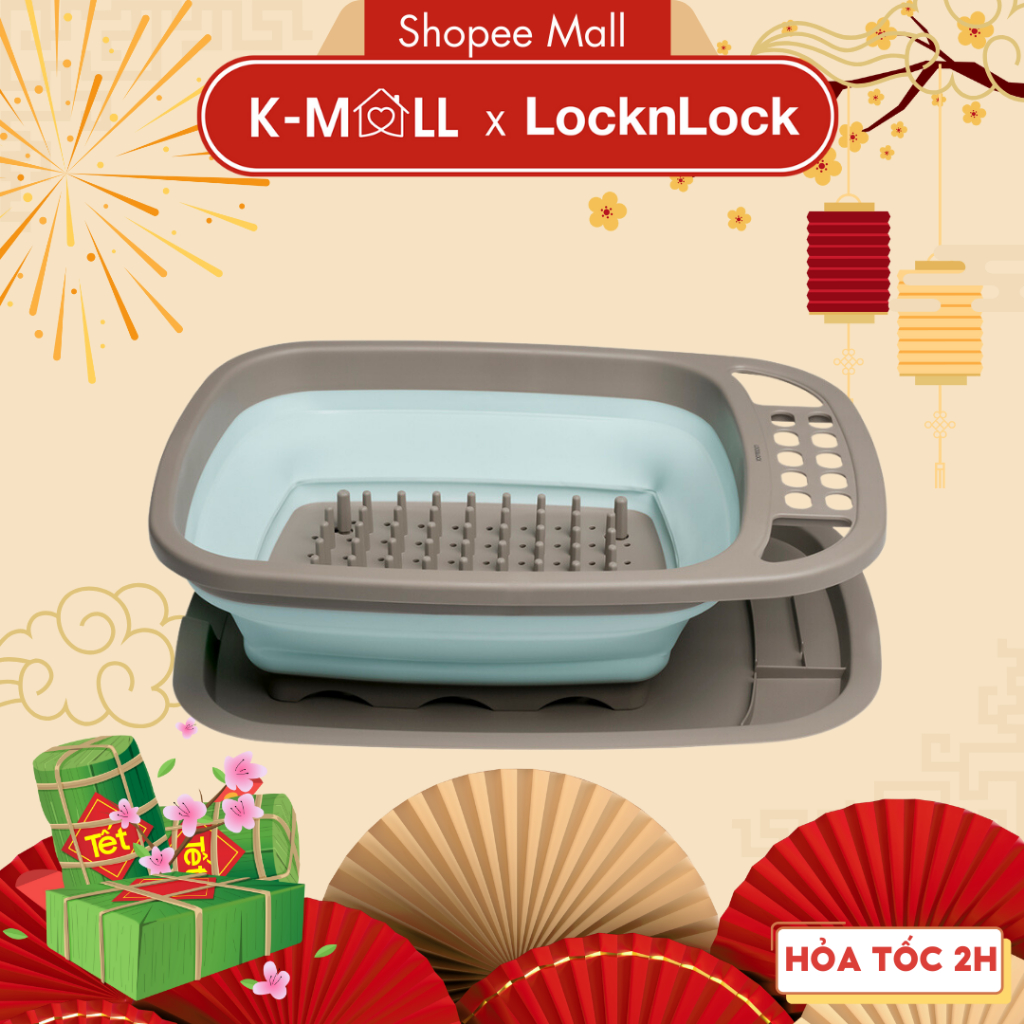 Kệ chén dĩa LocknLock , gấp gọn kèm khay hứng nước LDR140GRY Màu Xanh Xám - Hàng Chính Hãng - K-MALL