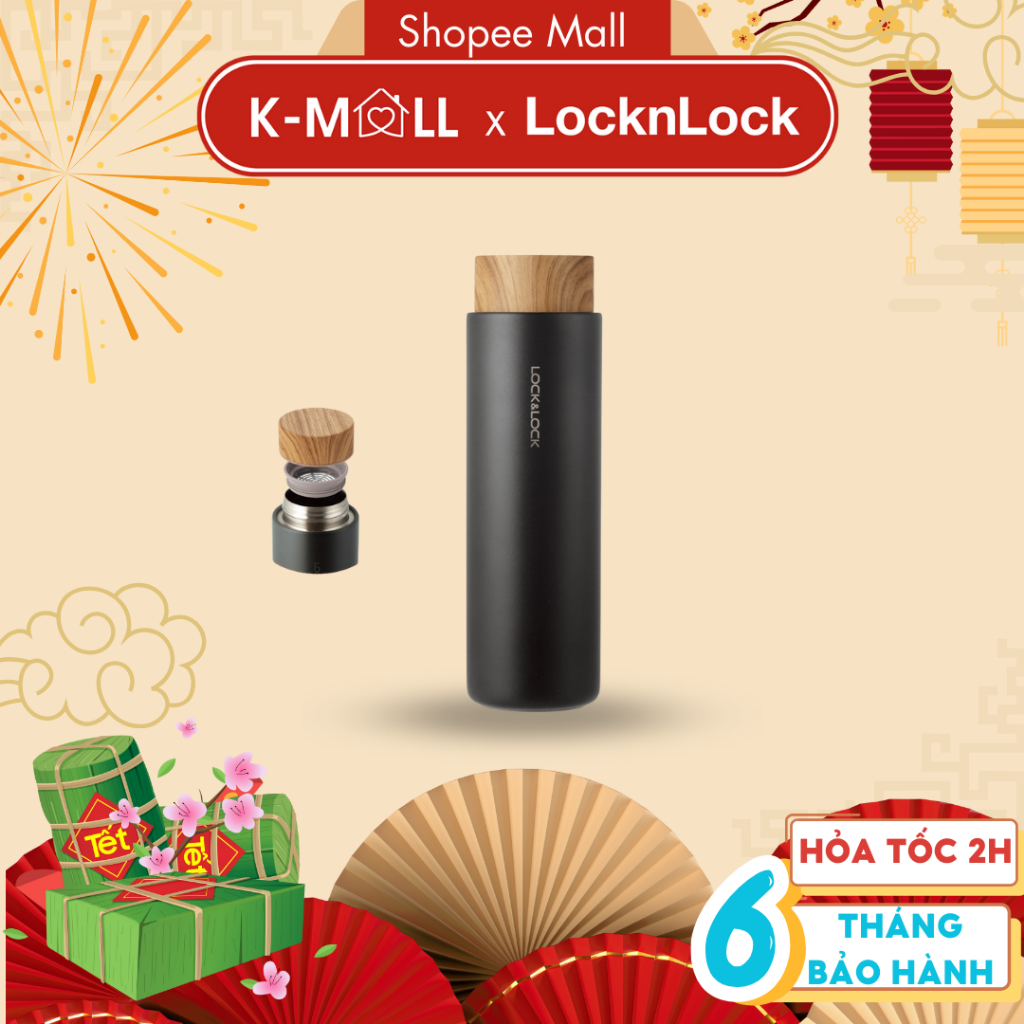Bình giữ nhiệt LocknLock Flat Tumbler 400ml LHC4227 , có khay lọc trà, nắp nhựa kiểu gỗ - K-MALL