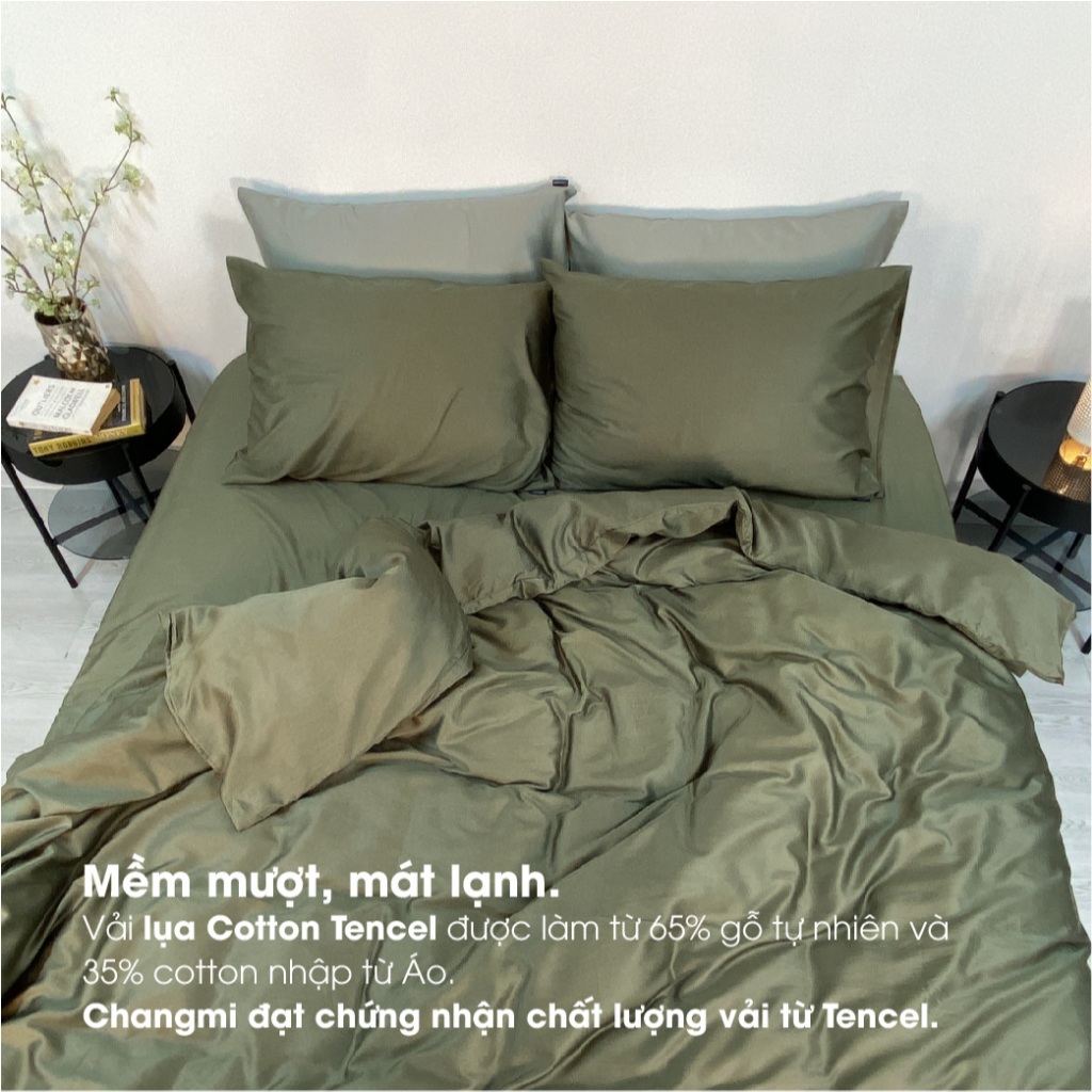 Ảnh Bộ chăn ga lụa Tencel Cotton (Áo) Changmi Bedding 60S dày đặn, siêu mềm mượt và mát lạnh - Xanh Army 2