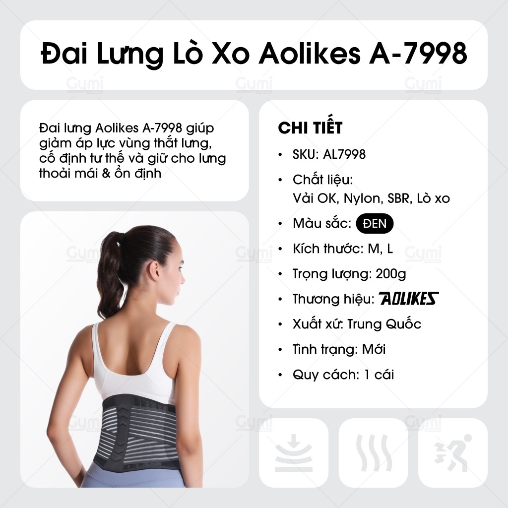 Đai Lưng Tập Gym Có Lò Xo Aolikes A-7998 - Đai Lưng Hỗ Trợ Cột Sống, Thoát Vị Đĩa Đệm, Cong Vẹo Lưng - AL7998