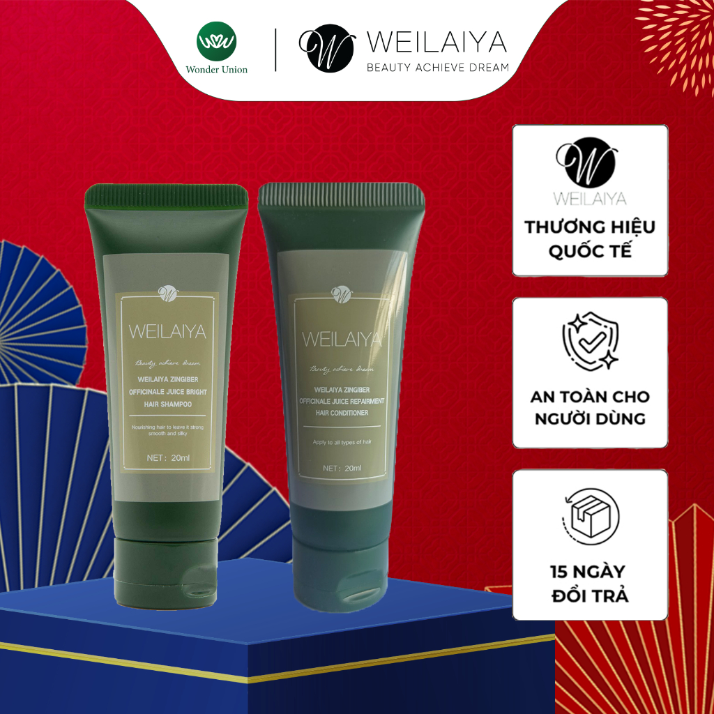 Ảnh Cặp dầu gội đầu và dầu xả tóc thảo dược Weilaiya gừng hà thủ ô giúp dưỡng, đen và kích thích mọc tóc size du lịch 20ml 1
