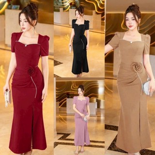 Đầm váy body dự tiệc trung niên đuôi cá cổ vuông kèm bông sang trọng hàng cao cấp