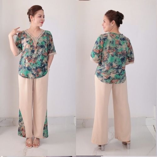 Ms12 ĐỒ BỘ TRUNG NIÊN LỤA MANGO CAO CẤP CỔ PHỐI REN QUẦN 9 TẤC ( CỔ REN ) HAN.T SHOP