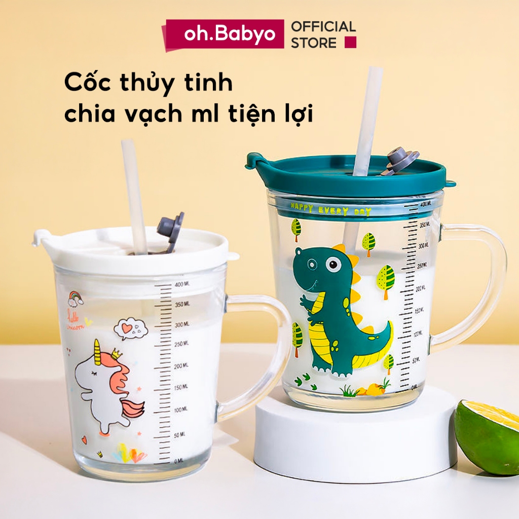 Cốc Thuỷ Tinh Pha Sữa Có Chia Vạch Ống Hút Nắp Đậy Chống Tràn Cho Bé ohBabyo Bình Tập Uống Trẻ Em