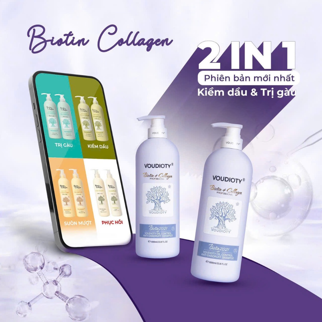 Cặp Dầu Gội Xả Biotin Collagen Voudioty Tím Kiềm Dầu, Ngăn Gàu, Siêu Mềm Mượt, Hương Nước Hoa 1000ML