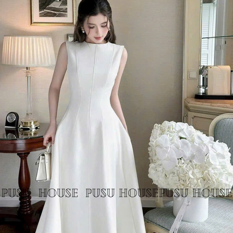 Đầm Dự Tiệc Thiết Kế Cổ Tròn Sát Nách Dáng Xòe Dài Chất Forn Gân Mịn Sang Trọng Thanh Lịch PUSU HOUSE