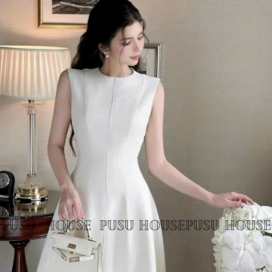 Đầm Dự Tiệc Thiết Kế Cổ Tròn Sát Nách Dáng Xòe Dài Chất Forn Gân Mịn Sang Trọng Thanh Lịch PUSU HOUSE