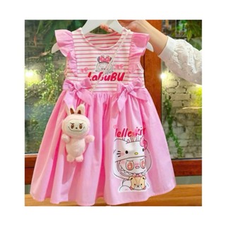 V13 Váy bé gái cộc tay hoạ tiết BABY THREE 2 màu hồng,tím Không kèm gấu cân nặng 10-30kg,Đầm bé gái họa tiết xinh xắn