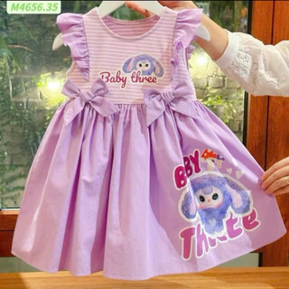 V13 Váy bé gái cộc tay hoạ tiết BABY THREE 2 màu hồng,tím Không kèm gấu cân nặng 10-30kg,Đầm bé gái họa tiết xinh xắn