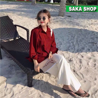 Áo sơ mi đỏ from rộng nữ dài tay vải cotton lạnh mềm mịn không nhăn