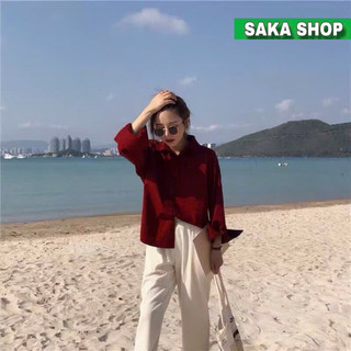 Áo sơ mi đỏ from rộng nữ dài tay vải cotton lạnh mềm mịn không nhăn