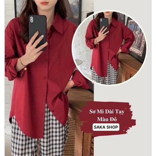 Áo sơ mi đỏ from rộng nữ dài tay vải cotton lạnh mềm mịn không nhăn