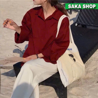 Áo sơ mi đỏ from rộng nữ dài tay vải cotton lạnh mềm mịn không nhăn