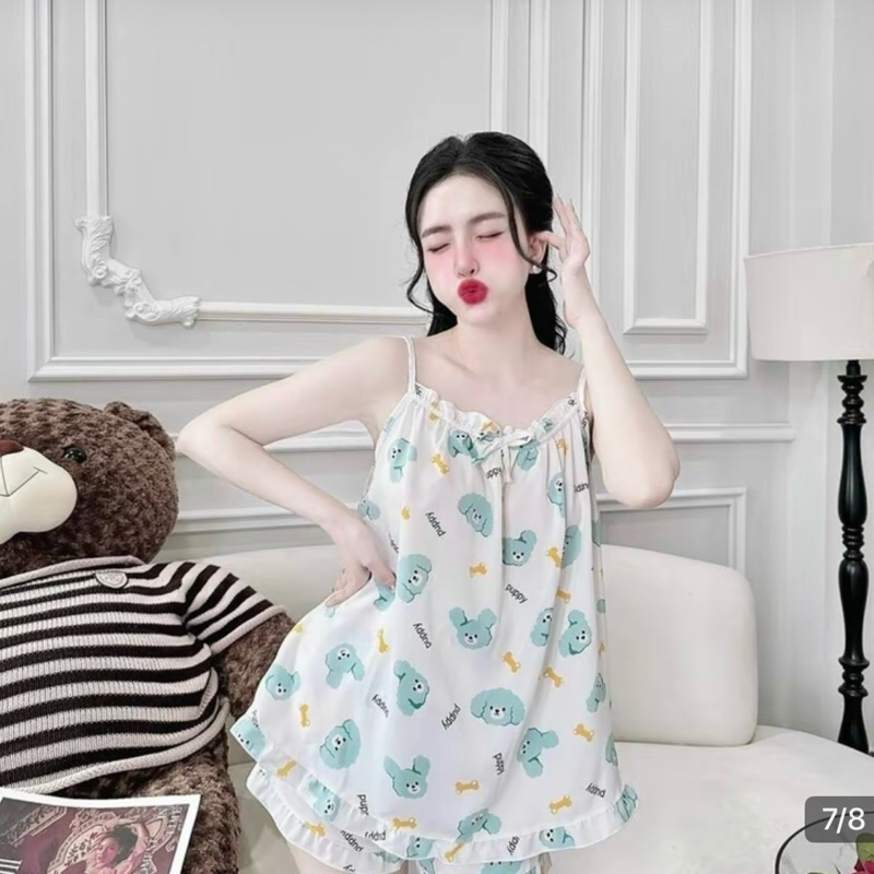Bộ đùi 2 dây mặc nhà vải lụa áo viền quần bèo có túi phom 40-65kg