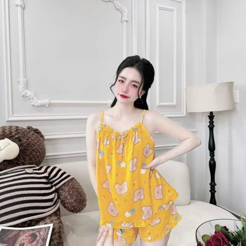 Bộ đùi 2 dây mặc nhà vải lụa áo viền quần bèo có túi phom 40-65kg