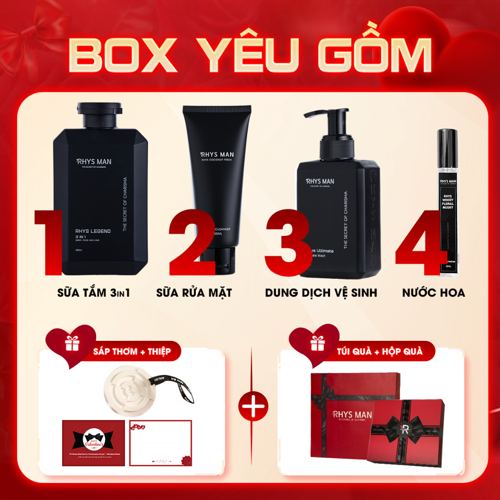 Ảnh Quà tặng Valentine - Sữa tắm gội 3in1 350ml & Dung dịch vệ sinh 120ml & Sữa rửa mặt 100ml & Nước hoa nam 10ml RHYS MAN 1