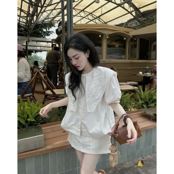 Áo Sơ Mi Trắng Nữ Cổ Thêu Ren Dáng Rộng CHAMIE, Áo Kiểu Nữ Tay Bồng Phối Vạt Thêu Họa Tiết Tiểu Thư Đi Chơi Đi Làm