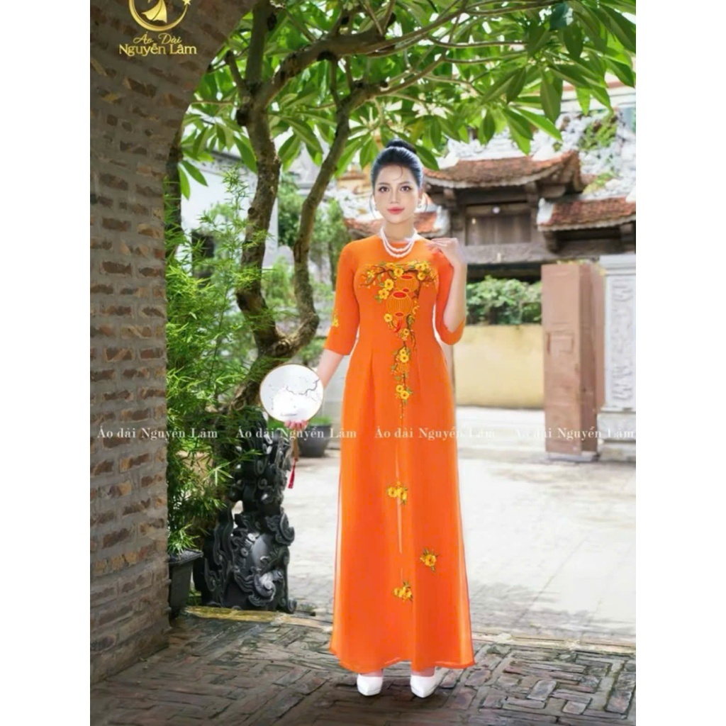 [GIẢM 40K]  Áo Dài Lụa Thêu A30 Cam - Áo Dài Cho Mẹ, Áo Dài Bà Sui - Áo Dài Nguyễn Lâm [Co Giãn Nhẹ, Thấm Hút]