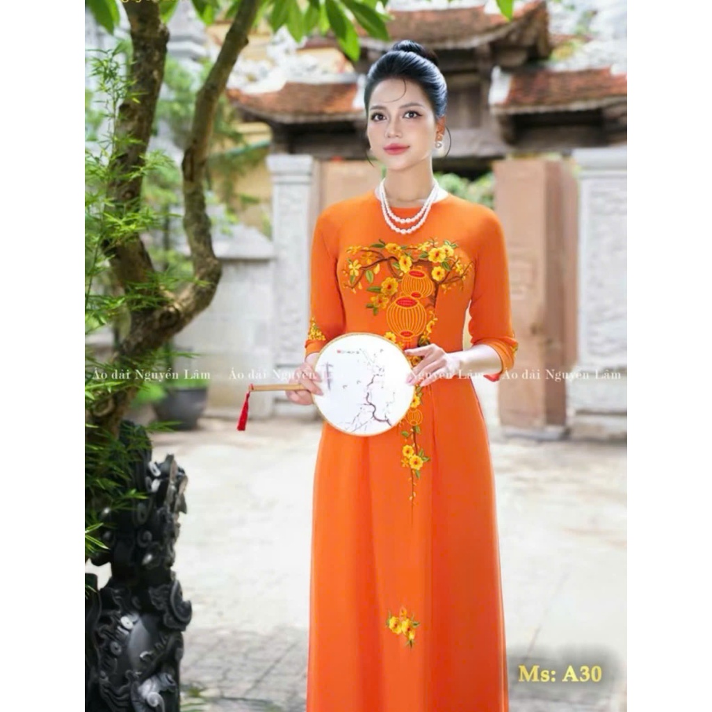 [GIẢM 40K]  Áo Dài Lụa Thêu A30 Cam - Áo Dài Cho Mẹ, Áo Dài Bà Sui - Áo Dài Nguyễn Lâm [Co Giãn Nhẹ, Thấm Hút]