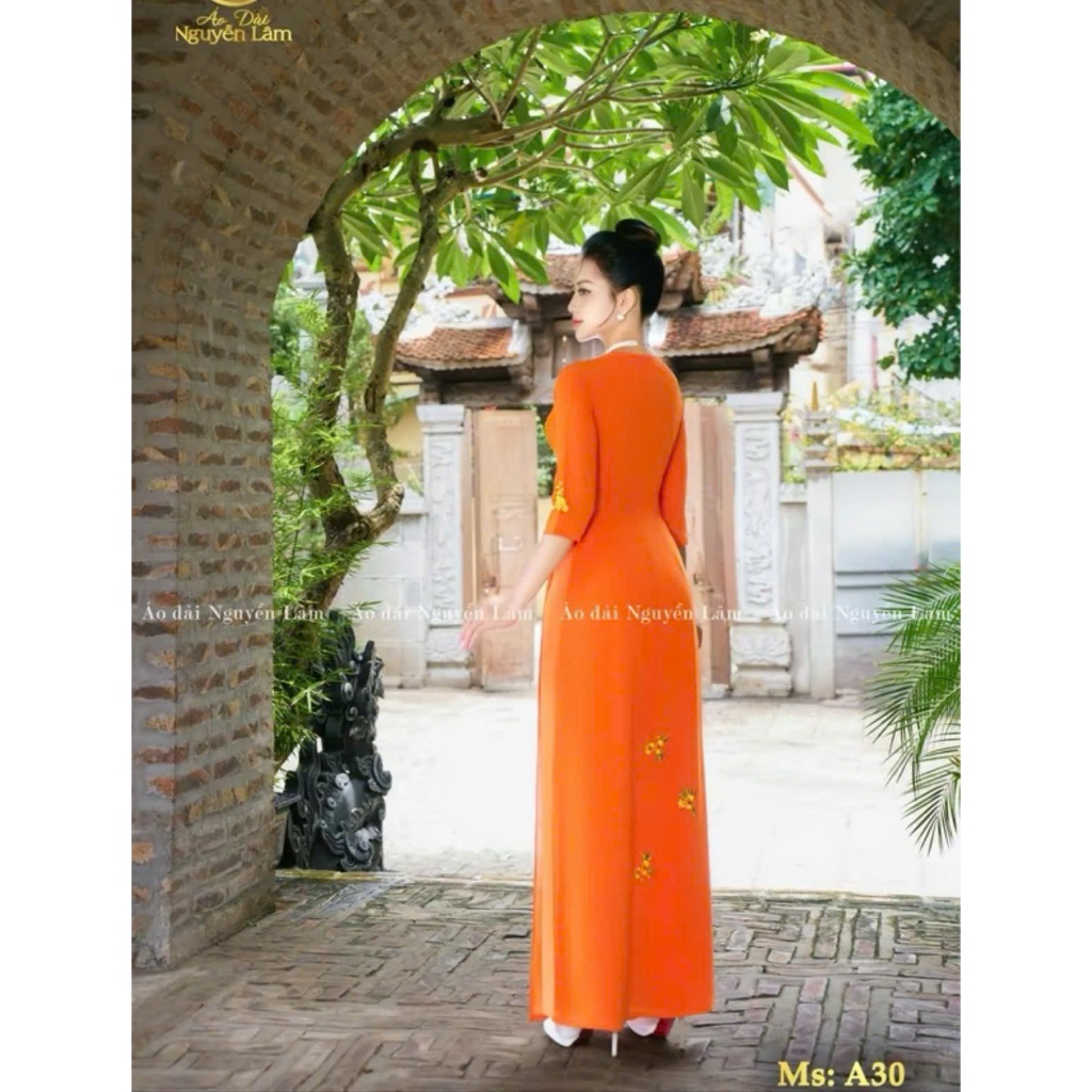 [GIẢM 40K]  Áo Dài Lụa Thêu A30 Cam - Áo Dài Cho Mẹ, Áo Dài Bà Sui - Áo Dài Nguyễn Lâm [Co Giãn Nhẹ, Thấm Hút]