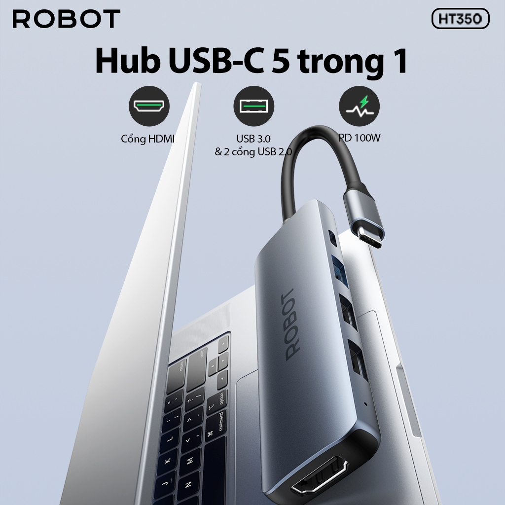 Ảnh HUB USB-C Chuyển Đổi Đa Năng 5 In 1 ROBOT HT350 Hỗ Trợ Sạc Nhanh PD100W Cổng HDMI, USB 3.0 Và 2 Cổng USB 2.0 4