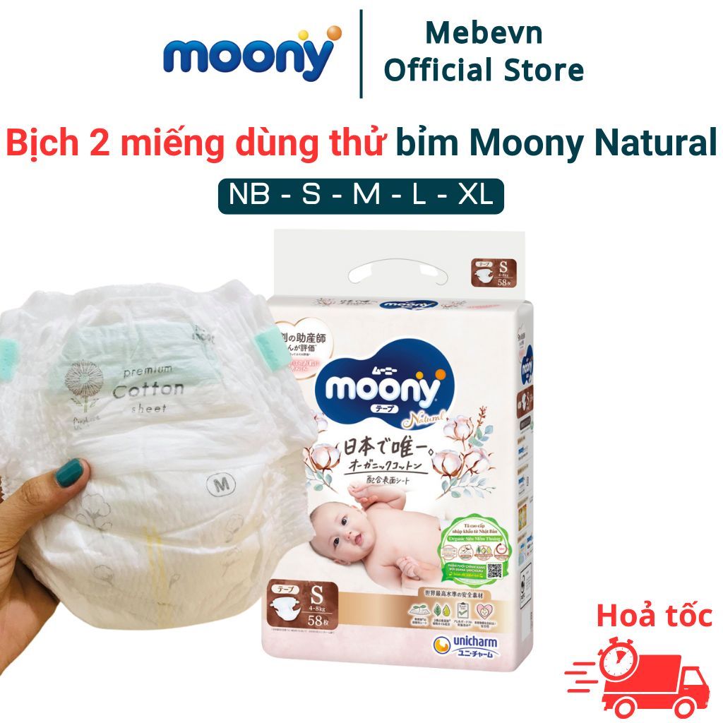 Bịch 2 miếng trải nghiệm bỉm tã moony trắng, xanh, bỉm moony natural chính hãng Dán/Quần đủ size