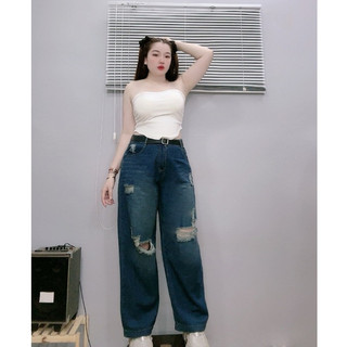 Quần jeans bigsize nữ ống suông rách gối chất dày dặn phong cách thời trang năng động trẻ trung dễ phối đồ Q503