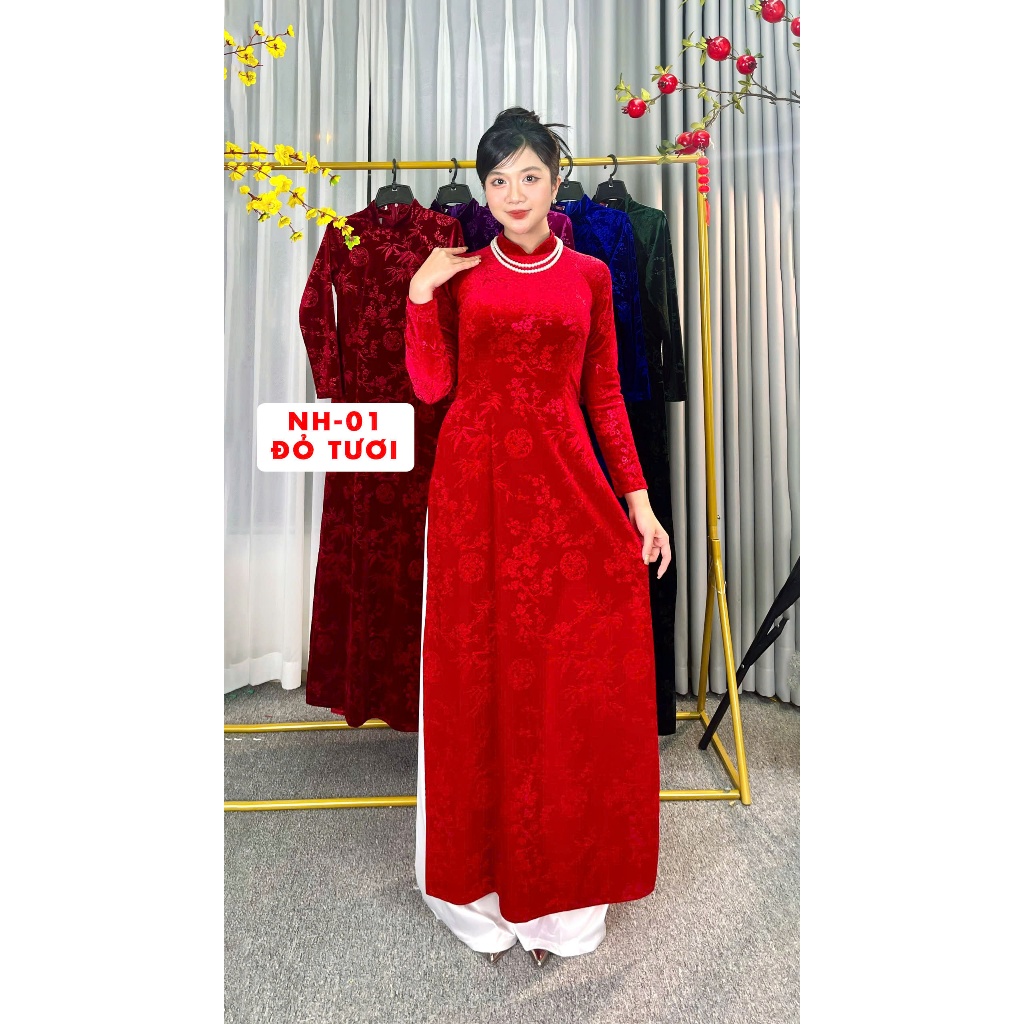 Áo Dài Truyền Thống Cho Mẹ Nữ Trung Niên, Set Áo Dài 2 Tà Nhung Họa Tiết Hoa Co Giãn May Sẵn Cổ Cao 2cm