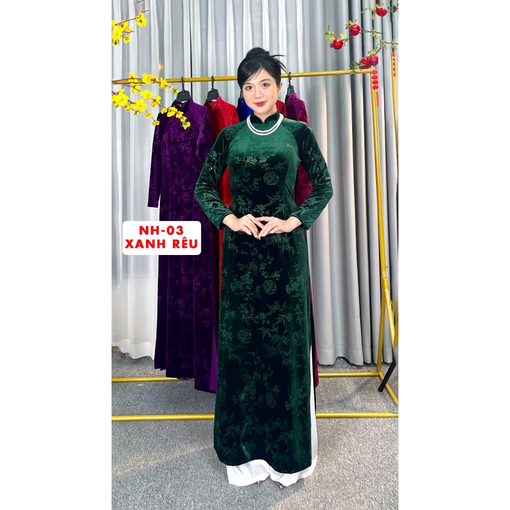 Áo Dài Truyền Thống Cho Mẹ Nữ Trung Niên, Set Áo Dài 2 Tà Nhung Họa Tiết Hoa Co Giãn May Sẵn Cổ Cao 2cm