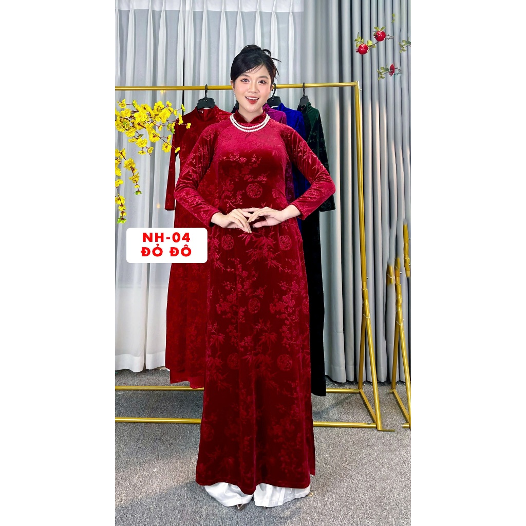 Áo Dài Truyền Thống Cho Mẹ Nữ Trung Niên, Set Áo Dài 2 Tà Nhung Họa Tiết Hoa Co Giãn May Sẵn Cổ Cao 2cm