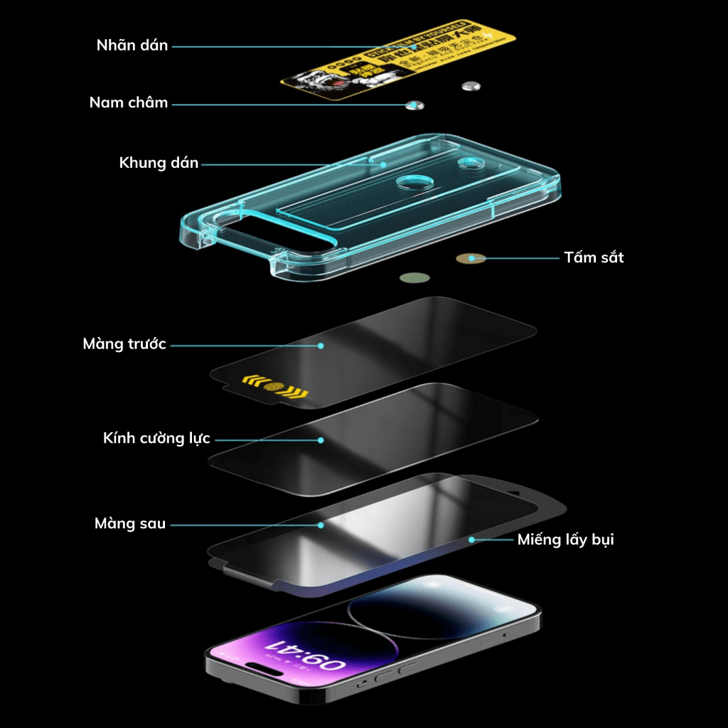 Kính cường lực KK có khung trợ dán chống trộm WTP 057 IPhone 11 12 13 14 15 16 17Promax