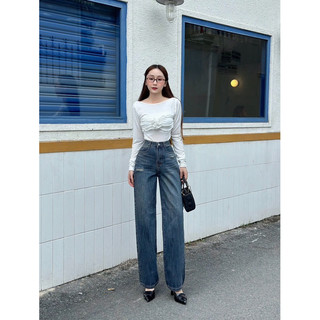 HALLO JEANS - Quần jean nữ ống suông rách nhẹ, quần bò QCCC M002