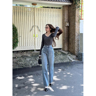 HALLO JEANS - Quần jean nữ ống suông rách nhẹ, quần bò QCCC M002