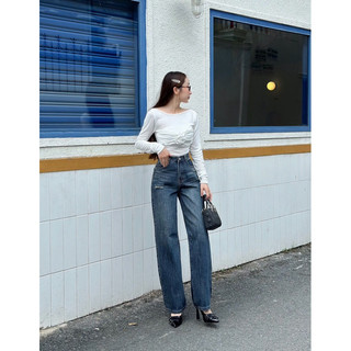 HALLO JEANS - Quần jean nữ ống suông rách nhẹ, quần bò QCCC M002