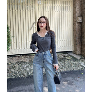 HALLO JEANS - Quần jean nữ ống suông rách nhẹ, quần bò QCCC M002