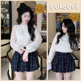 Áo Sơ Mi Dài Tay Phối Ren Lông Bo Chun Cổ Tròn Phong Cách Hàn Quốc Cakecat