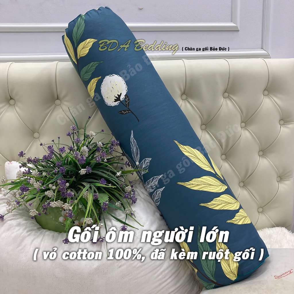 Gối ôm người lớn, ruột gối + vỏ gối ôm có khoá kéo,vải cotton 100%, đã kèm ruột gối