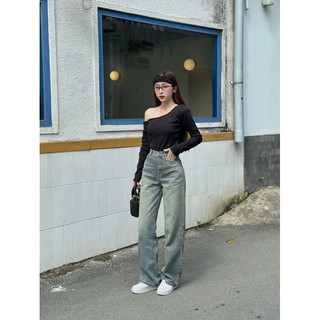 HALLO JEANS - Quần jean wash ống rộng, quần bò suông cạp cao màu Retro, phong cách basic M013